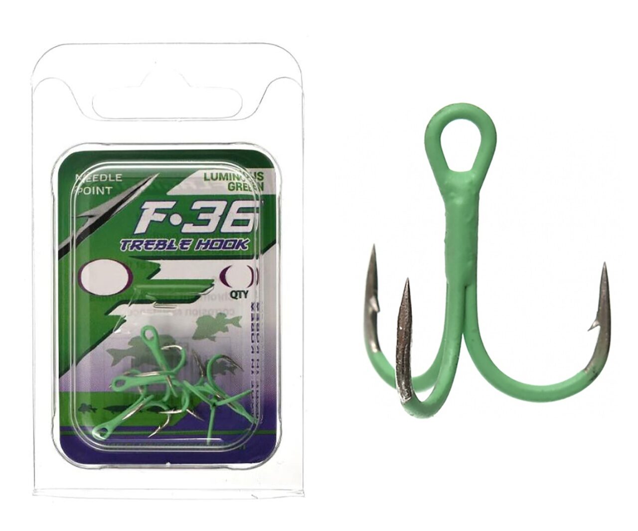 Тройник на сома Зеленый Flagman (Флагман) - Treble hook F36 Luminous Green, Размер 2, 5 шт