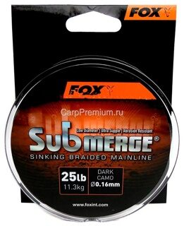 Плетеный карповый шнур тонущий 0.16 мм Камуфляжный Fox (Фокс) - Submerge Sinking Braided Mainline Dark Camo 11.3 кг / 25 lb, 600 м