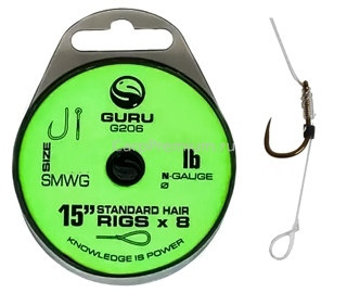 Готовый поводок с волосяной оснасткой 0.17 мм Guru (Гуру) - SMWG Standard Hair 6 lb, 38 см, Размер 14, 8 шт